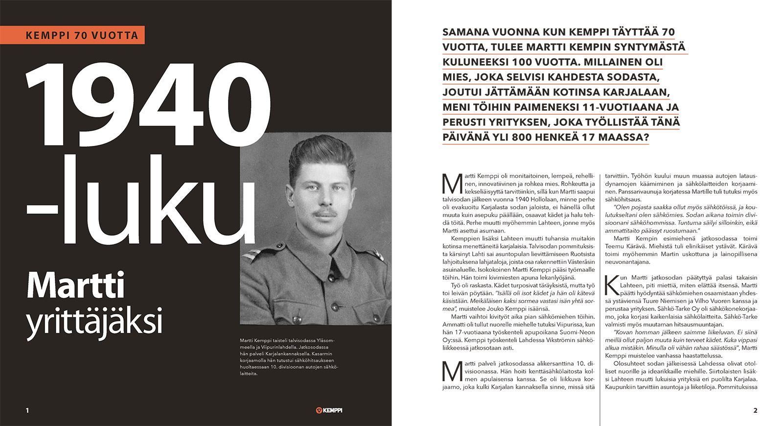 Kemppi 70 vuotta -kirjan aukeama 1940-luvusta, kuvassa nuori Martti Kemppi